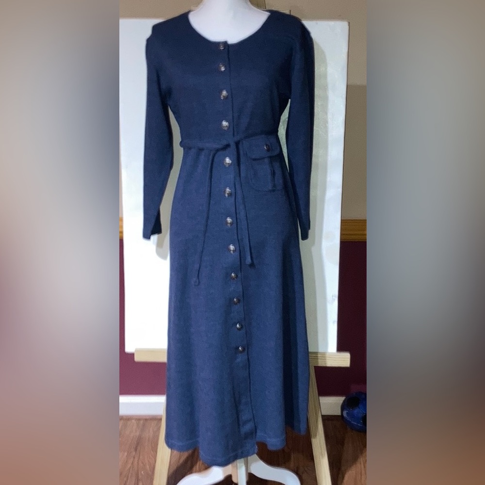 NWT ERIKA PETITES LS Front-Buttoned MIDI COTTON/POLY DRESS; Sz PM; Heather Navy